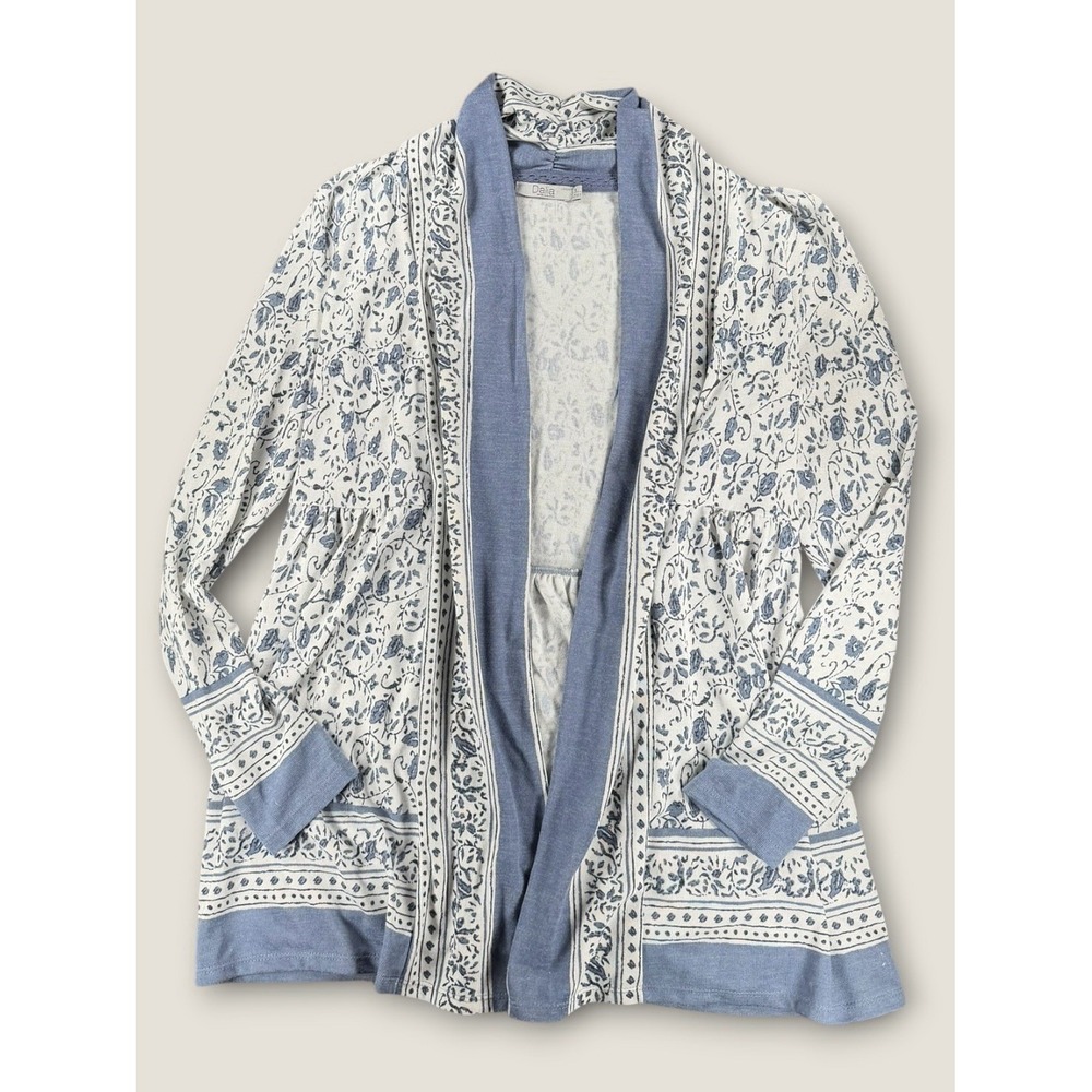 Dalia Floral Boho Open Front Cardigan Sweater‎ Blue White Small S Lightweight